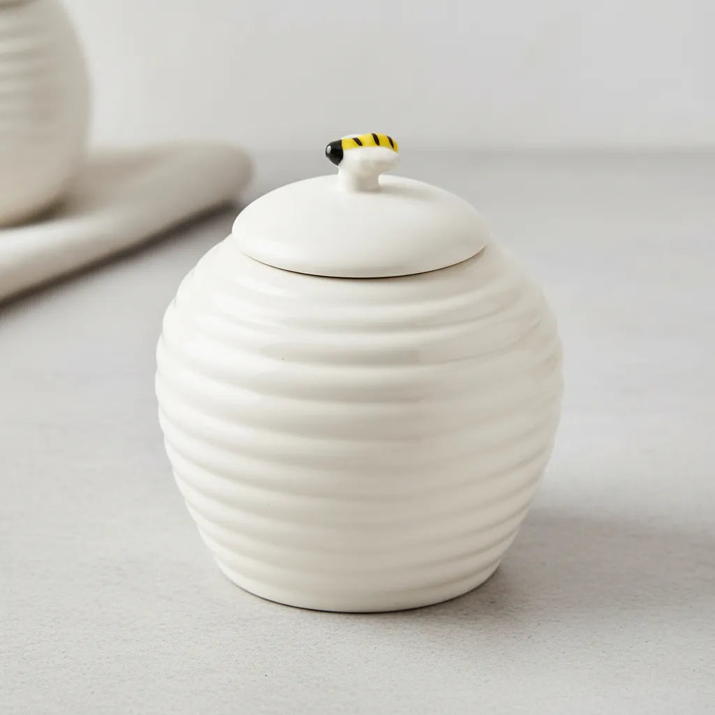 Açucareiro De Porcelana Colmeia Bee 300ml Com Colher Luxo