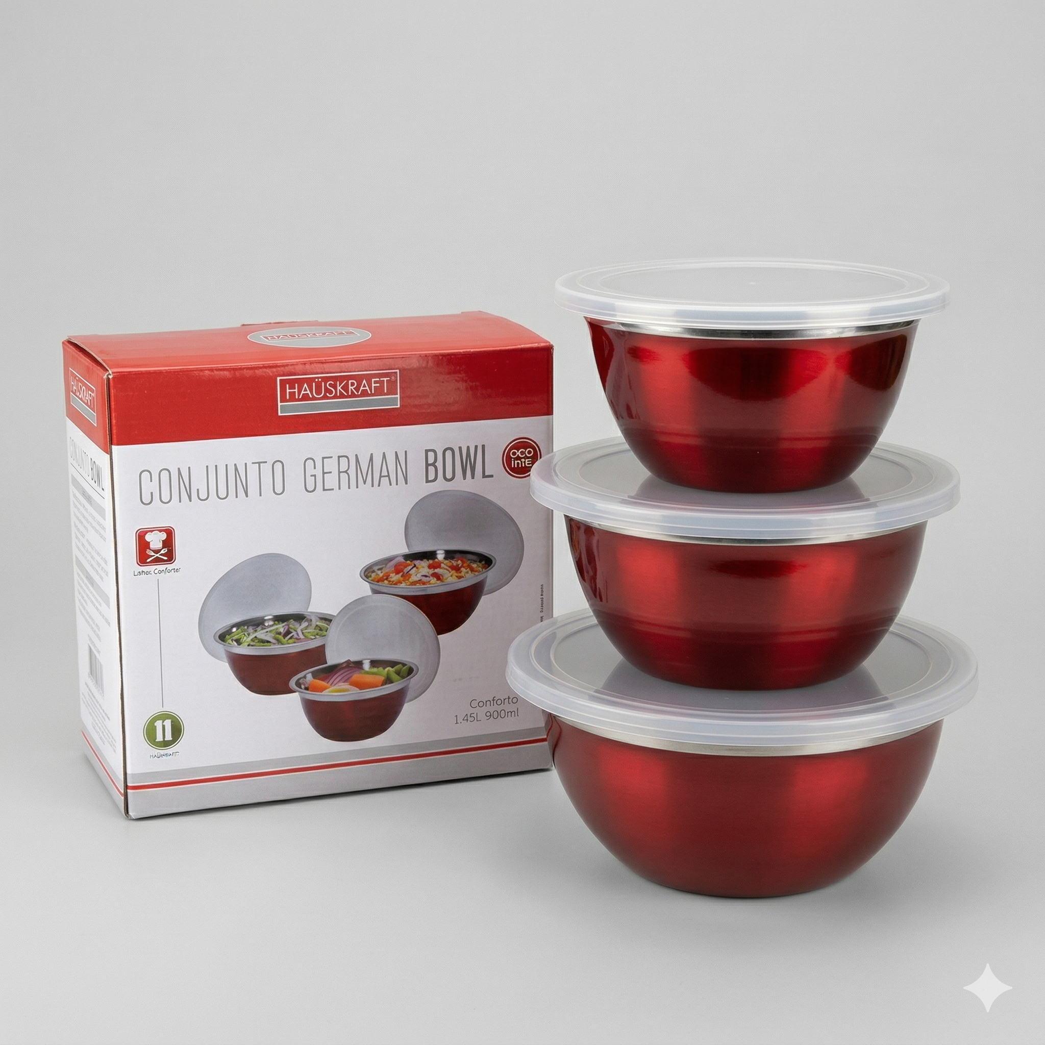 Jogo Bowl Redondo c/ Tampa 3pcs Vermelho