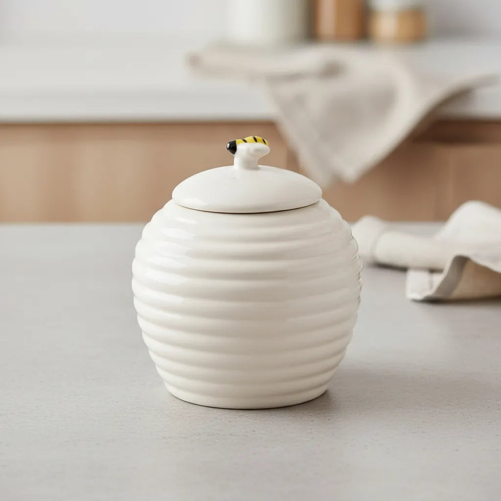 Açucareiro De Porcelana Colmeia Bee 300ml Com Colher Luxo
